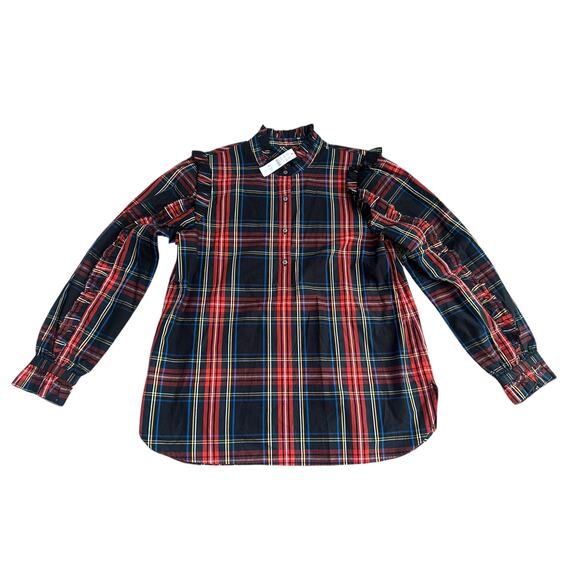 NEW J.Crew Classic Fit Ruffle Popover in Black Stewart Tartan Size Large NWT - Picture 1 of 9